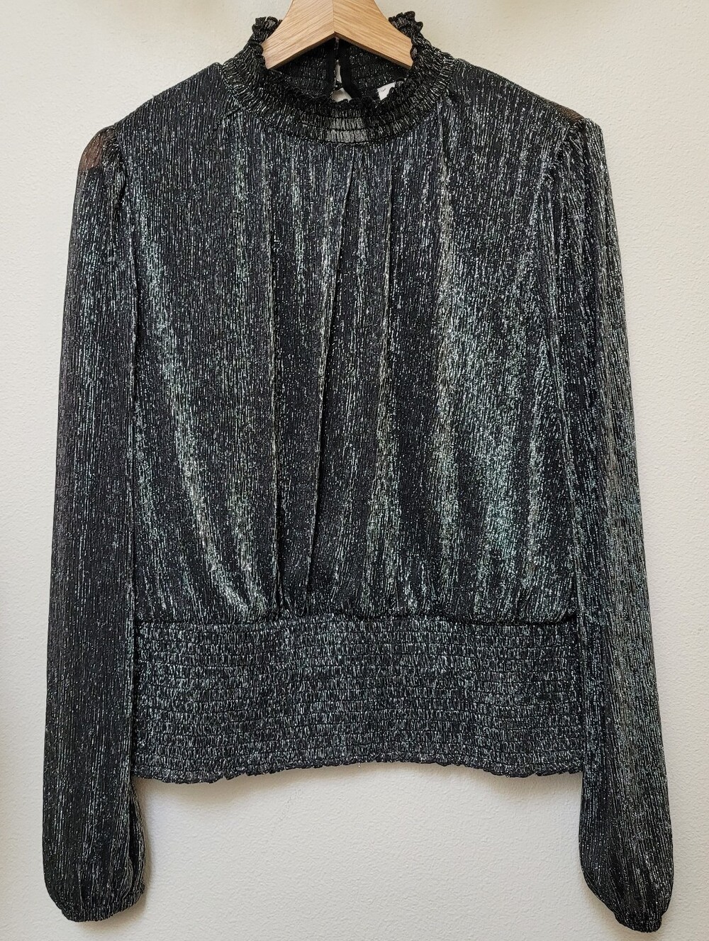 Morgan de Toi Silver Shimmer Metallic Shirred Long Sleeve Mock Neck Blouse